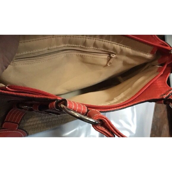 Beach Bag/Tote Bag Faux Leather Unbranded Tan Straw Pattern W/Orange. 14”X8”X”4 - Picture 3 of 5